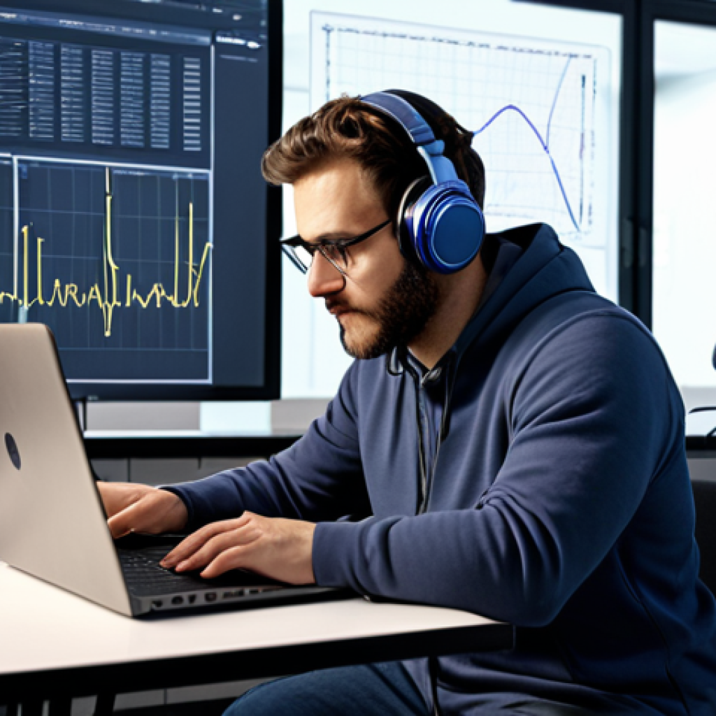 **

*   Acoustic engineer analyzing vibration data on a laptop in a modern lab, wearing headphones, with complex graphs displayed.

**