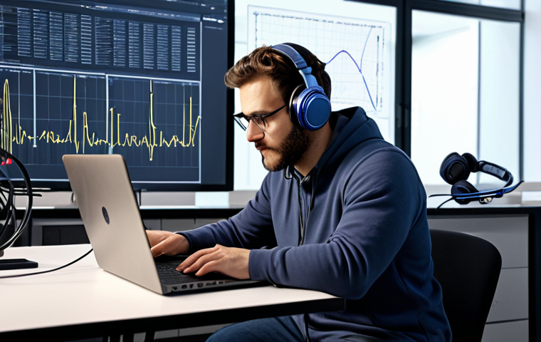 **

*   Acoustic engineer analyzing vibration data on a laptop in a modern lab, wearing headphones, with complex graphs displayed.

**