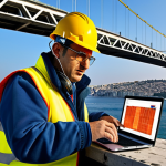 ** An engineer wearing safety glasses and earmuffs analyzing vibration data on a laptop at a construction site in Istanbul, with the Bosphorus bridge visible in the background. The scene shows a blend of modern technology and Turkish infrastructure.

**