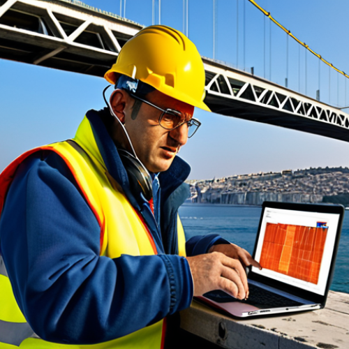 Home 6 ** An engineer wearing safety glasses and earmuffs analyzing vibration data on a laptop at a construction site in Istanbul, with the Bosphorus bridge visible in the background. The scene shows a blend of modern technology and Turkish infrastructure.
**