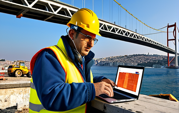 ** An engineer wearing safety glasses and earmuffs analyzing vibration data on a laptop at a construction site in Istanbul, with the Bosphorus bridge visible in the background. The scene shows a blend of modern technology and Turkish infrastructure.
**