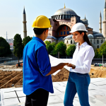 **

"A professional architect, fully clothed in modest attire appropriate for a construction site in Istanbul, Turkey. She is reviewing blueprints with a construction worker, both wearing hard hats. The background includes the Hagia Sophia in the distance. Safe for work, perfect anatomy, natural proportions, professional architecture photography, high quality, appropriate content."

**