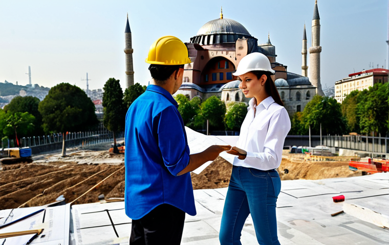 **
"A professional architect, fully clothed in modest attire appropriate for a construction site in Istanbul, Turkey. She is reviewing blueprints with a construction worker, both wearing hard hats. The background includes the Hagia Sophia in the distance. Safe for work, perfect anatomy, natural proportions, professional architecture photography, high quality, appropriate content."
**